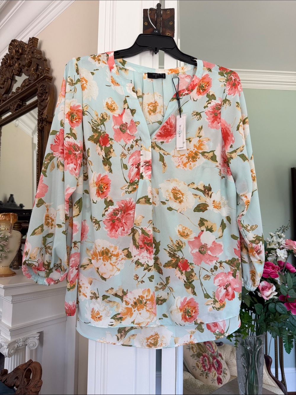 Tahari Aqua Floral V-Neck Blouse